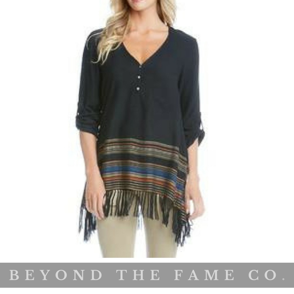 NWT  LONG SLEEVE FRINGE TUNIC TOP BLACK